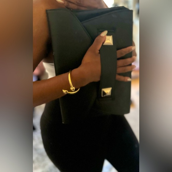 Black Vegan Leather 2 Way Clutch with Gold Accent Hardware - Picture 1 of 8